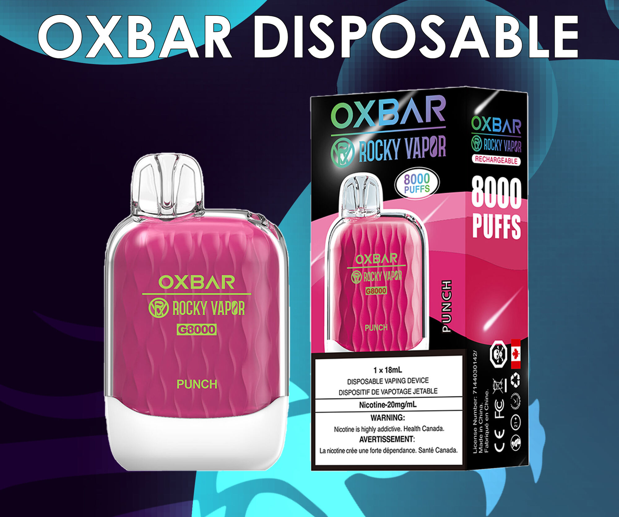  V G OXBAR @ ROCKY, VAPGR 1x18mL DISPOSABLE VAPING DEVICE DISPOSITIF DE VAPOTAGE JETABLE Nicotine-20mgmL WARNING: Nicotine is highly addictive. Health Canada. AVERTISSEMENT: La nicotine cre une forte dpendance. Sant Canada. h bt 2 3 . S 